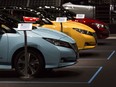 Nissan Motor Co. Leaf electric vehicles are displayed at company headquarters in Yokohama, Japan.