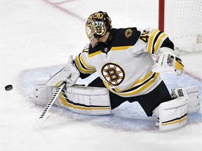 Tuukka Rask makes a save against the Carolina Hurricanes during the third period in Game Three of the Eastern Conference Finals during the 2019 NHL Stanley Cup Playoffs at PNC Arena on May 14, 2019 in Raleigh, North Carolina.