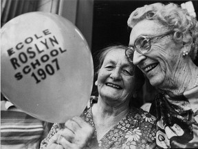 Dorothy Phelps, right, the first kindergarten teacher at Westmount's Roslyn School, celebrates with one of her former pupils, artist Freda Pemberton Smith, as the school marked its 70th anniversary yesterday with a day-long party. The ceremonies were opened by Westmount Mayor Don MacCallum. Photo by Tedd Church appeared in the May 13, 1977, edition of the Montreal Gazette.