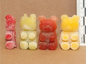A 2015 Laval police photo shows THC-laced gummy bears. Edible marijuana products should be kept out of reach of children, the Children's Hospital says.