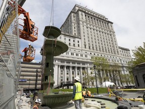 A full fountain didn't fit in the newly renovated Dorchester Square so a flat-sided one was used, adding a whimsical touch, says Claude Cormier, whose company oversaw the design of restored square.