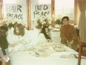 John Lennon and Yoko Ono with her daughter Kyoko and Tommy Schnurmacher in May of 1969, during the Bed-In for Peace at the Queen Elizabeth Hotel in Montreal.