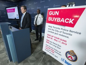 Toronto Mayor John Tory and Police Chief Mark Saunders announce new Gun Buyback program at police headquarters on Friday April 26, 2019.