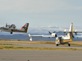 Alberta wildfire water tankers at the Pincher Creek, Alta., fire base on Monday, Sept. 11, 2017.