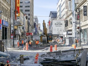 Work on the reconstruction of St. Catherine St. at the corner of Blvd. Robert-Bourassa in Montreal Wednesday May 22, 2019.