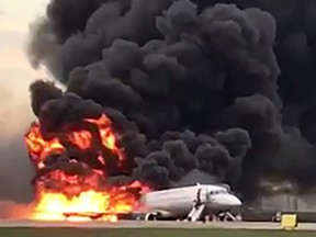 This handout grab of a video obtained from the Instagram account of Gunkevitch on May 5, 2019, shows a fire of a Russian-made Superjet-100 at Sheremetyevo airport outside Moscow.