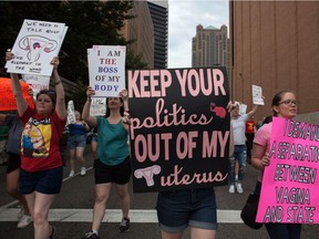 Pro-choice protesters march through the streets of Birmingham, Ala., on May 19. Alabama passed a near-total abortion ban on May 14.
