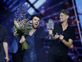 Duncan Laurence of the Netherlands celebrates after winning the 2019 Eurovision Song Contest grand final in Tel Aviv, Israel, Saturday, May 18, 2019.