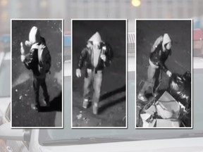 The May 17, 2019, images depict the suspect piling three bags of garbage against the rear door of a business at 1227 Curé-Poirier Blvd. W. He appears to return with a Molotov cocktail, set fire to it, and throw it on the bags.