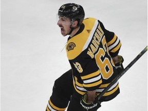 Boston Bruins left wing Brad Marchand celebrates after his goal off Columbus Blue Jackets goaltender Sergei Bobrovsky during the third period of Game 5 on May 4, 2019, in Boston.