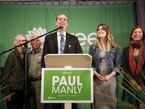 Green Party's Paul Manly celebrates with his family from (left to right), his mother Eva and father Jim, daughter Aven and wife Samantha after results come in for the Nanaimo-Ladysmith byelection at the Cavallotti Lodge in Nanaimo, B.C., on Monday, May 6, 2019.