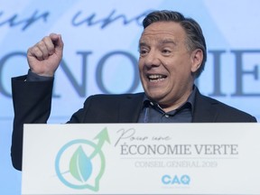 Quebec Premier Francois Legault speaks during the party's general council meeting in Montreal, May 26, 2019.