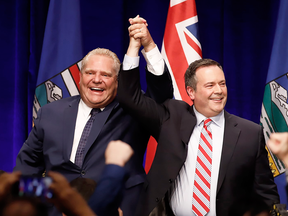 Alberta UCP Leader Jason Kenney and Ontario Premier Doug Ford at an anti-carbon tax rally last October. Ontario’s political values, once so different, more nearly resemble those of the West, Andrew Coyne writes.