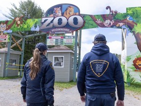 Society for the Prevention of Cruelty to Animals officers enter a zoo where the owner of the zoo was arrested on charges of cruelty to animals in St-Edouard-de-Maskinongé on Tuesday, May 21, 2019.