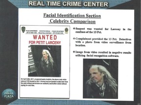 This undated image provided by Georgetown University's Center on Privacy and Technology shows presentation material with images of a wanted suspect in a New York Police Department document obtained by the university.