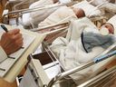 Newborn babies in the nursery of a postpartum recovery centre in upstate New York: 
