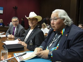 Senator Murray Sinclair, right to left, along with lawyer and former Member of Parliament Wilton Littlechild and NDP MP Romeo Saganash appear the Senate Committe on Aboriginal Peoples in Ottawa on Tuesday May 28, 2019.