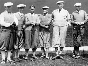 Members of the executive committee of the Royal Canadian Golf Association played a round of golf at Laval-sur-le-Lac before their meeting on May 14, 1930. Pictured here are, from left: W.H. Plant, Toronto; Adélard Raymond, immediate past president of the Laval-Sur-le-Lac Golf Club; C.W. Jackson, Winnipeg, president Manitoba Golf Association; B.L. Anderson, secretary-treasurer of the Royal Canadian Golf Association; Alf. Collyer, Montreal, Royal Canadian Golf Association president; and L.M. Wood, Toronto, president of the Ontario Golf Association. R.G. Forest, Province of Quebec Golf Association president is included in the uncropped version of the photo, which appears with the text.