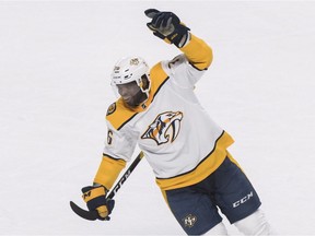 Nashville Predators' P.K. Subban reacts after his team's win over the = Canadiens in Montreal on Jan. 5, 2019.