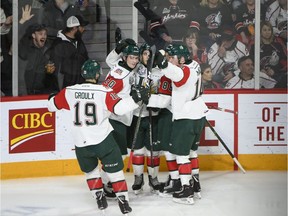 Members of the Halifax Mooseheads celebrate a second period goal during Memorial Cup hockey action against the Rouyn-Noranda Huskies in Halifax on Wednesday, May 22, 2019.