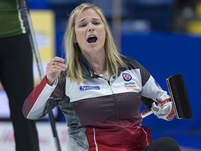 Team Canada skip Jennifer Jones reacts to her last shot in the 10th end against Prince Edward Island at the Scotties Tournament of Hearts in Sydney, N.S., on Feb. 18, 2019.