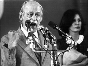 Premier René Lévesque addresses a crowd at Paul Sauvé Arena in Montreal on May, 20, 1980 after the Yes side's defeat in that day's referendum on sovereignty-association had been announced.