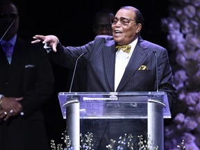 Louis Farrakhan, National Representative of The Honorable Elijah Muhammad and The Nation of Islam, speaks onstage during Nipsey Hussle's Celebration of Life at Staples Center on April 11, 2019 in Los Angeles, Calif. (Kevork Djansezian/Getty Images For Atlantic Records)