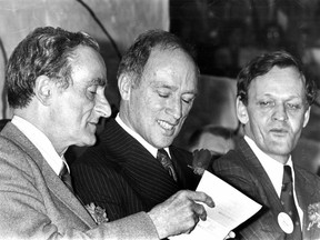 Campaigners for the No side in the 1980 Quebec referendum on sovereignty-association appear at a rally. From left: Claude Ryan, head of the No committee and leader of the Quebec Liberal Party; Prime Minister Pierre Trudeau; Justice Minister Jean Chrétien. While our archives provide scant details, it appears to have been taken at the May 14, 1980, No side rally at the Paul Sauvé Arena.