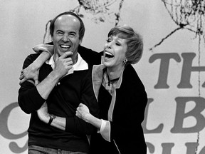 FILE - In this March 19, 1978 file photo, Carol Burnett, right, laughs with Tim Conway during taping of her final show, in Los Angeles. Conway, the stellar second banana to Burnett who won four Emmy Awards on her TV variety show, died Tuesday, May 14, 2019, according to his publicist. He was 85.