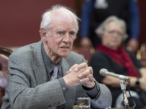 Charles Taylor, right, co-author of the Bouchard-Taylor report, speaks at a legislature committee studying a bill on secularism, Tuesday, May 7, 2019 at the legislature in Quebec City.