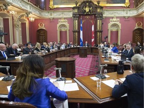 Members of the National Assembly sit the first day of a legislature committee studying a bill on secularism, Tuesday, May 7, 2019 at the legislature in Quebec City.