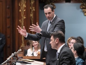 Quebec Education Minister Jean-Francois Roberge responds to the Opposition during question period Tuesday, April 16, 2019 at the legislature in Quebec City.