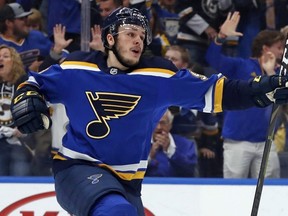 Blues left wing Sammy Blais celebrates after the Blues scored against the Sharks during the first period in Game 6 of the Western Conference final in St. Louis, Tuesday, May 21, 2019.