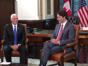 U.S. vice-president Mike Pence meets with Canadian PM Justin Trudeau on May 30, 2019 i this screen shot from Canadian Press video.