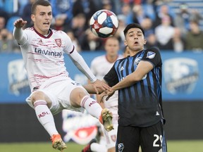Impact's Mathieu Choiniere, right, challenges Real Salt Lake's Brooks Lennon during first half at Saputo Stadium on Wednesday night.