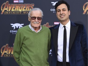 In this April 23, 2018, file photo, Stan Lee, left, and Keya Morgan arrive at the world premiere of "Avengers: Infinity War" in Los Angeles. Morgan, the former business manager of Lee has been arrested on elder abuse charges involving the late comic book icon.