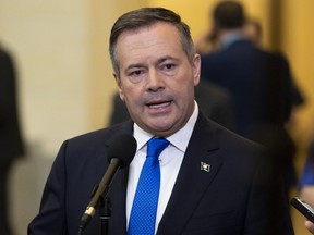 Alberta Premier Jason Kenney speaks to reporters after appearing at the Standing Senate Committee on Energy, the Environment and Natural Resources about Bill C-69 at the Senate of Canada Building on Parliament Hill in Ottawa on Thursday, May 2, 2019.