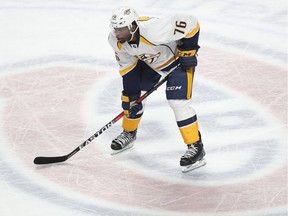 Nashville Predators defenceman P.K. Subban gets ready for a faceoff against the Canadiens on March 2, 2017, at the Bell Centre in Montreal.