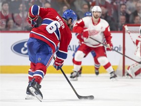 Canadiens defenceman Shea Weber fires shot from the point during NHL game against the Detroit Red Wings at the Bell Centre in Montreal on March 12, 2019.