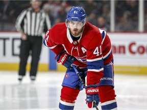 Canadiens' Paul Byron lines up for a faceoff against the Detroit Red Wings in Montreal on March 13, 2019.