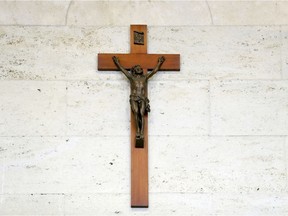 A crucifix in the council chamber at City Hall in  Montreal. Mayor Valérie Plante says the crucifix won't be put back up once renovations to the chamber are completed.