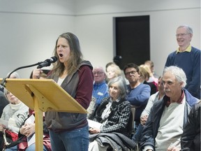 A woman speaks during a public demolition committee meeting to decide the fate of the Pioneer bar at Pointe-Claire city hall west of Montreal, Thursday, March 21. 2019. (Graham Hughes/Montreal Gazette) ORG XMIT: 62270