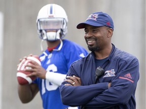 Alouettes coach Khari Jones watches drills during a team practice in Montreal on May 28, 2018.