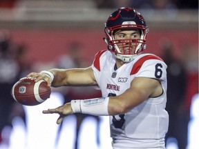 Montreal Alouettes quarterback Hugo Richard passes during a Canadian Football League preseason game against the Ottawa Redblacks in Montreal on Thursday June 6, 2019. He will be on the Als practice squad after final roster cuts on Saturday, June 8, 2019.