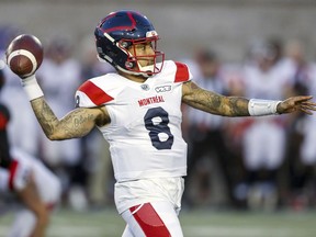 Alouettes quarterback Vernon Adams Jr. fires a touchdown pass against the Ottawa Redblacks in Montreal on June 6, 2019.  He will be the starting quarterback when the Alouettes face the Tiger-Cats on Friday night, June 27, 2019, in Hamilton.