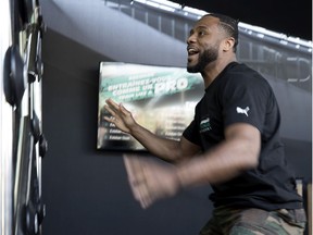 Boxer Jean Pascal tries his hand at a reflex testing device in the Mercedes Lounge at Circuit Gilles-Villeneuve in Montreal on Thursday, June 6, 2019.