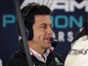 Toto Wolff of Mercedes watches the screens in the pits during qualifying for the Canadian Grand Prix at Circuit Gilles-Villeneuve in Montreal, on Saturday, June 8, 2019.