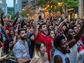 Toronto Raptors fans gathered in Montreal's Jurassic Park on Monday June 10, 2019 watch their NBA playoff game against the Golden State Warriors. Dave Sidaway / Montreal Gazette ORG XMIT: 62680