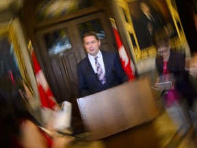 Conservative Leader Andrew Scheer talks to the media in the foyer of the House of Commons on Parliament Hill, in Ottawa on Monday, June 10, 2019.