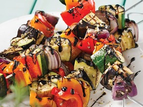 Skewers can be loaded with vegetables well in advance of grilling.